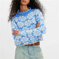 Oversized Cropped Knit Sweater Women Roll Neck Floral Jacquard Pattern Contrast Trim Long Sleeve Loose Pullover Knit Top