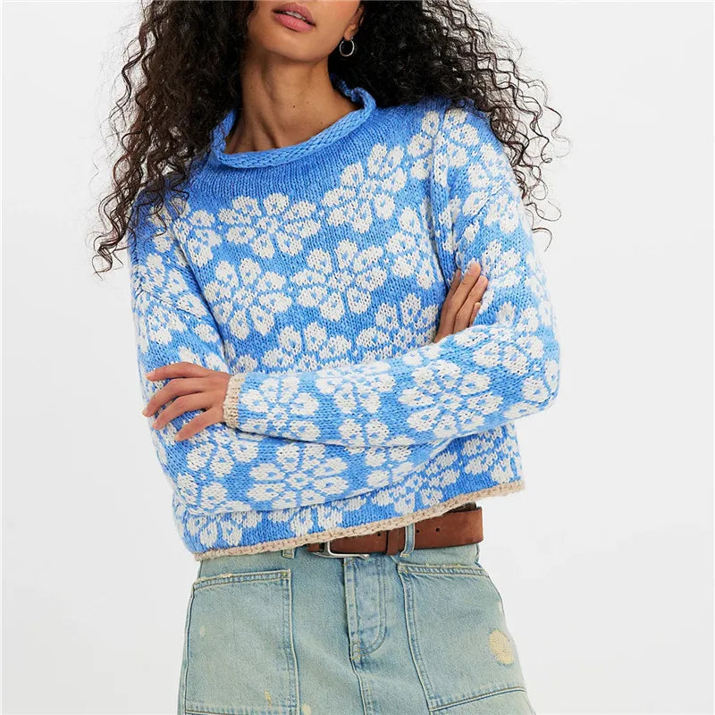 Oversized Cropped Knit Sweater Women Roll Neck Floral Jacquard Pattern Contrast Trim Long Sleeve Loose Pullover Knit Top