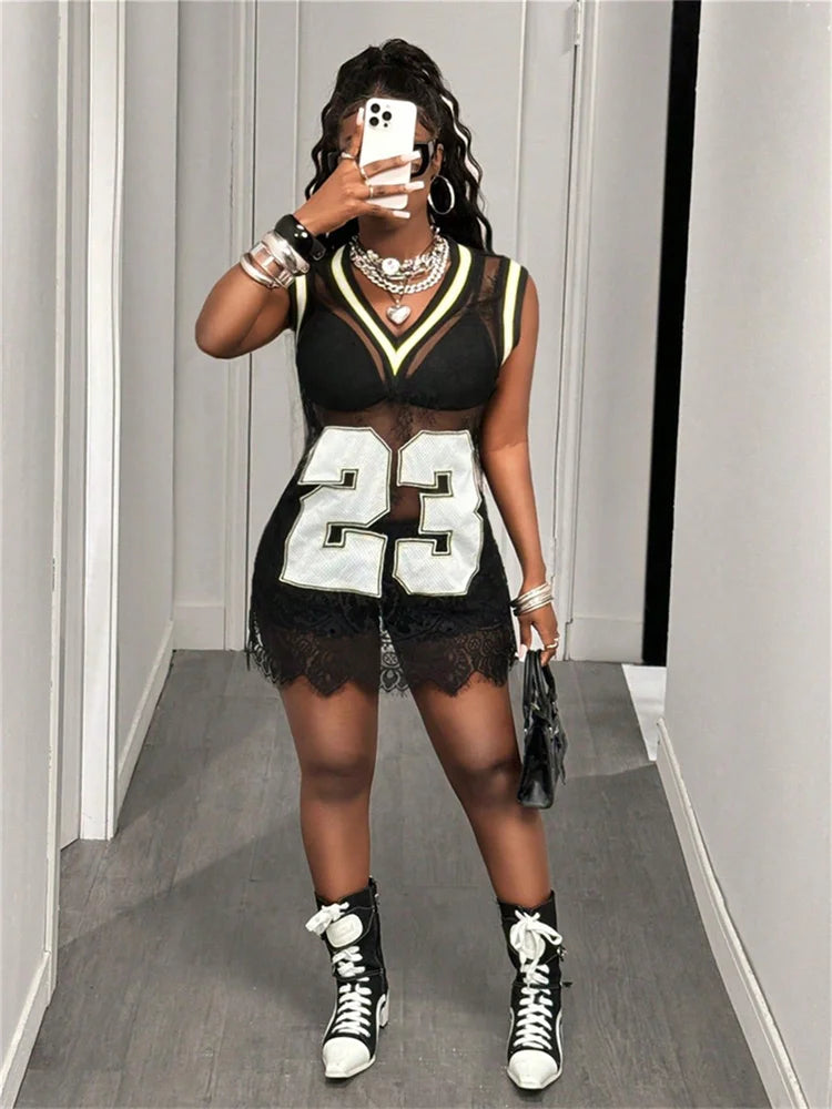 Mesh Patchwork Sexy Dress Women Contrast Number Print V-Neck Backless Sleeveless Sporty Style Fashion Mini Bodycon