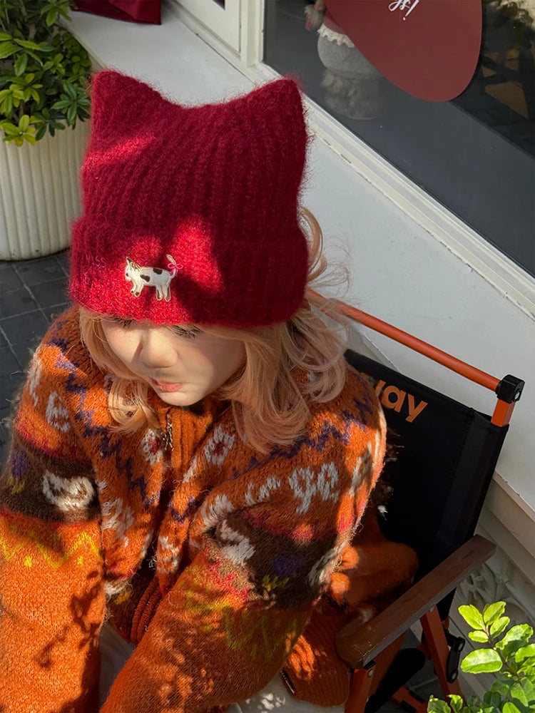 Y2K Cute Solid Kitten Embroidery Cat Ear Beanie For Women