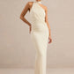 Women Halter Neck Draped Ruched Maxi Dress Sleeveless Backless Split Bodycon Evening Elegant Wedding Party Long Dress