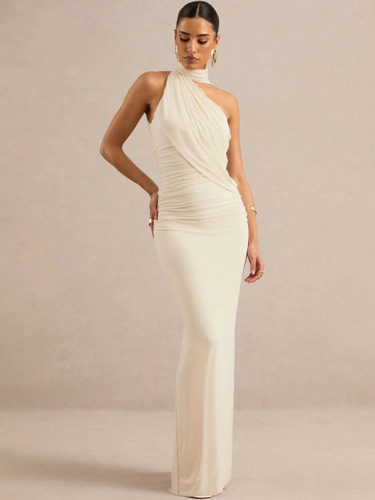 Women Halter Neck Draped Ruched Maxi Dress Sleeveless Backless Split Bodycon Evening Elegant Wedding Party Long Dress