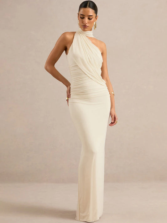 Women Halter Neck Draped Ruched Maxi Dress Sleeveless Backless Split Bodycon Evening Elegant Wedding Party Long Dress