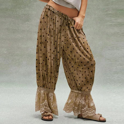 Women Y2K Bloomer Pants Lace Trim Loose Fit Ruffle Bloomers Elastic Waist Cropped Pumpkin Pettipants Pajama Bottom