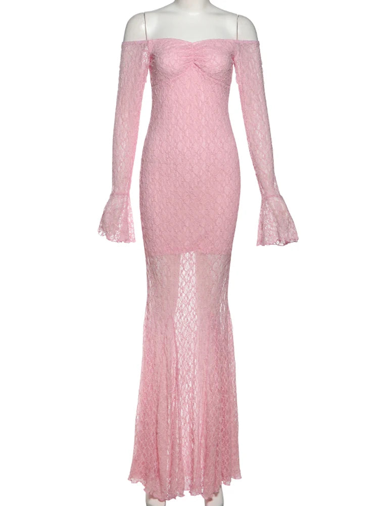 Sexy See Through Dress Women Slash Neck Off Shoulder Flared Sleeve Ruffles Hem Street Ruched Elegant Long Bodycon