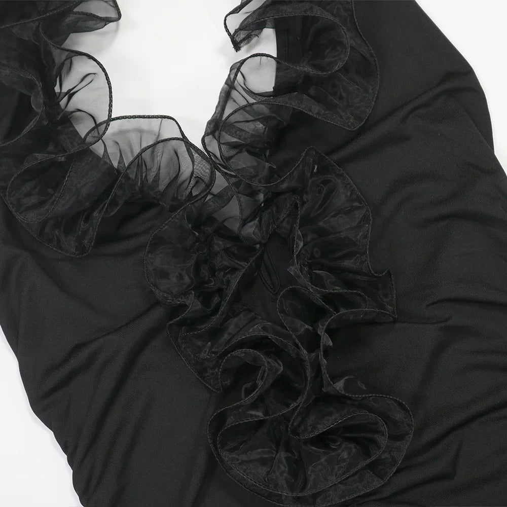 Sexy Deep V-Neck Dress Women Halter Backless Irregular Mesh Ruffles Tassel Patchwork Hem Birthday Party Solid Bodycon