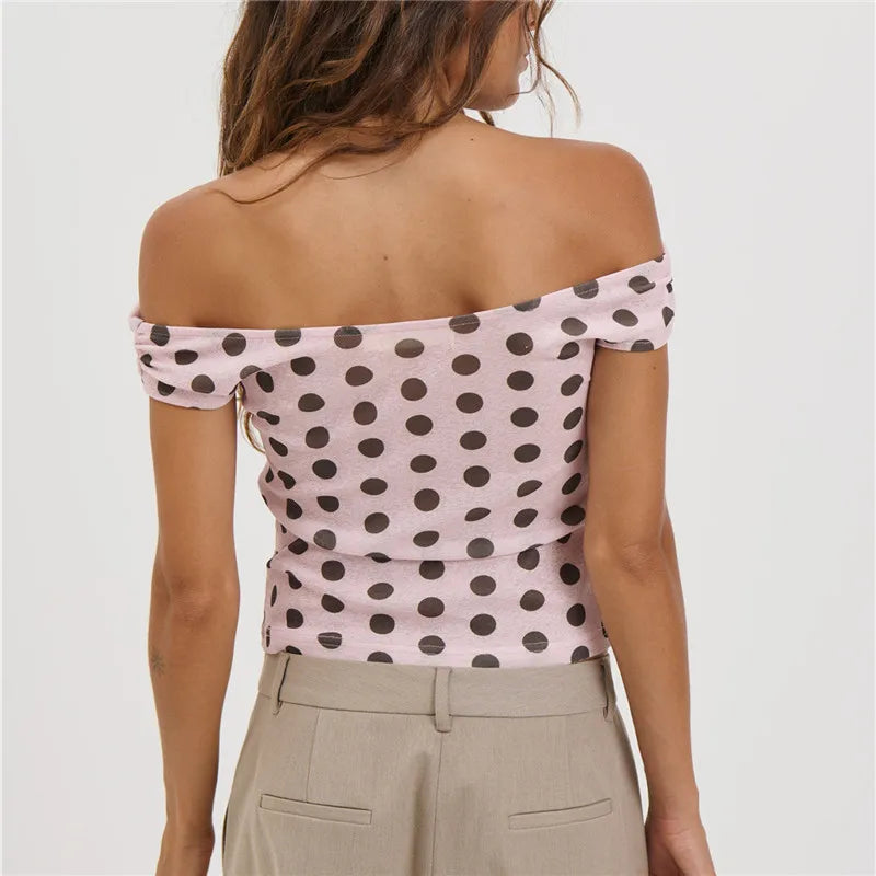 Women Pink Polka Dot Off Shoulder Top Short Sleeve Slim Fit Y2K Style T-Shirt Casual Summer Fitted Blouse Streetwear
