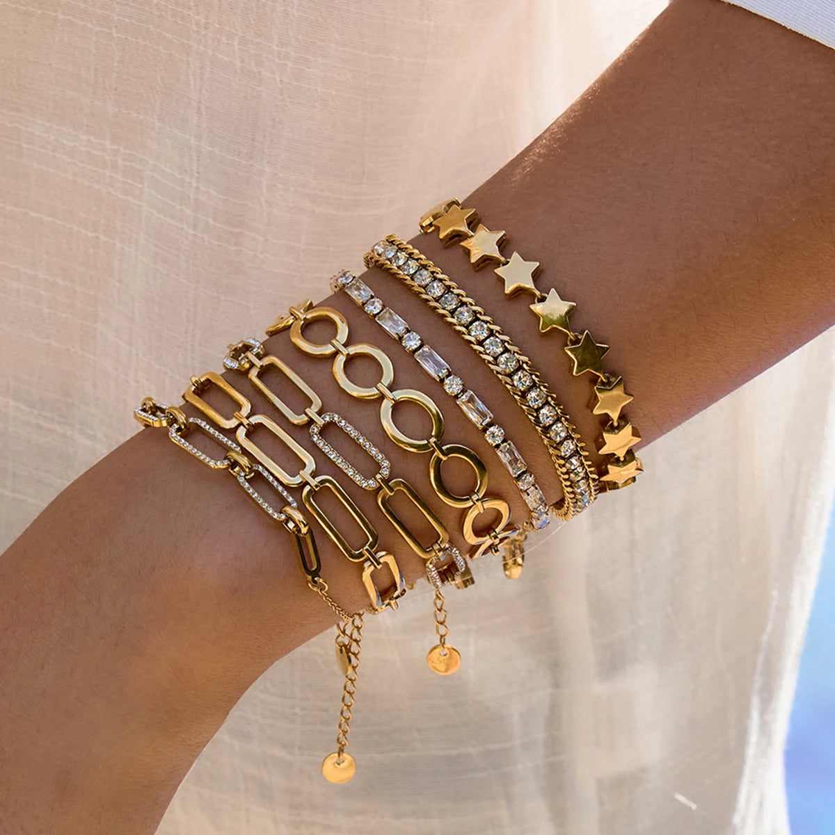 Zircon Star Metal Chain Bracelet Bangle Gold Plated Stainless Steel Watproof Summer Trendy Wrist Jewelry For Women