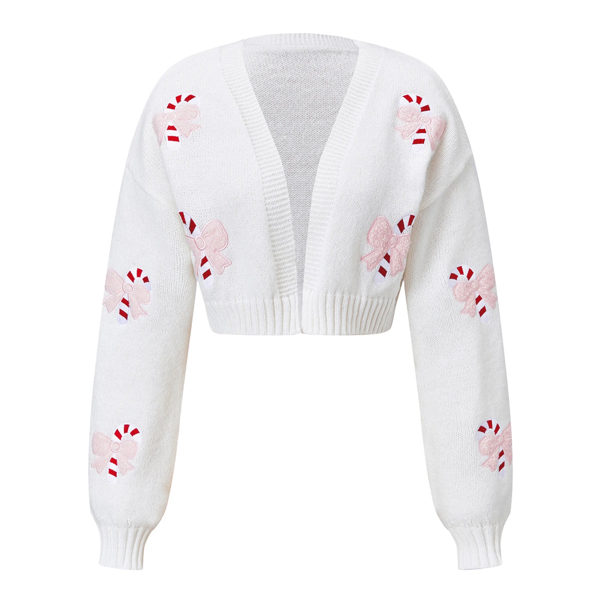 Women Christmas Candy Cane Bow Patch Cropped Knit Cardigan V Neck Long Sleeve Short Sweater Holiday Casual Outerwear