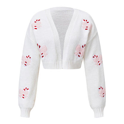 Women Christmas Candy Cane Bow Patch Cropped Knit Cardigan V Neck Long Sleeve Short Sweater Holiday Casual Outerwear
