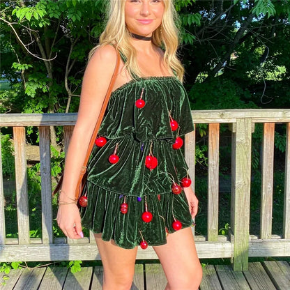 Women Christmas Tree Cosplay Dress Velvet Sleeveless Tiered Cake Mini Dress With Baubles Xmas Party Festival Costume