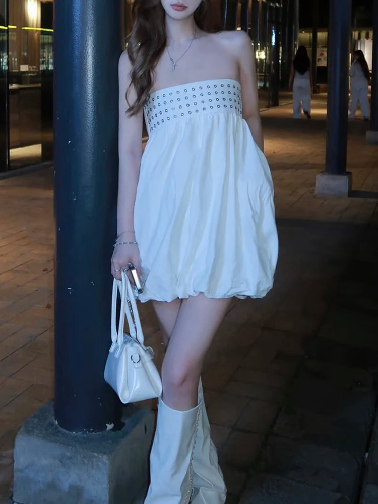 Chest Wrap Dress Women Round Stamp Print Fluffy Hem Sleeveless Simple Classic High Street Daily Chic Mini Bodycon