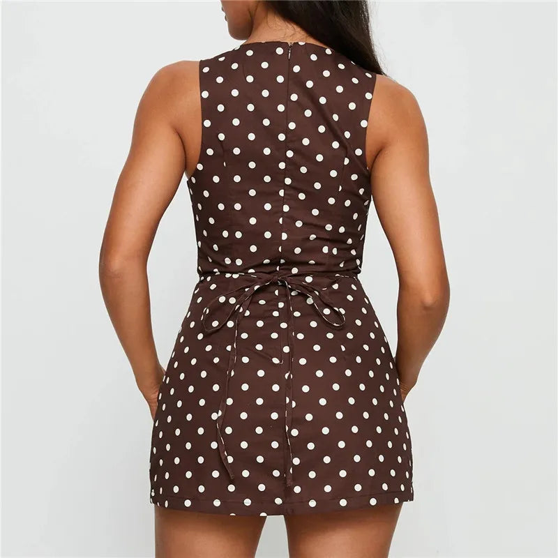 Women’s Summer Tank Mini Dress Elegant Ladies Sleeveless Crew Neck Polka Dots Print Dress Sexy Tie Back Short Sundress