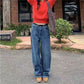 Y2K Polka Dot Jeans Women Vintage Stretch Wide Leg Denim Pants Casual Distressed Baggy Boyfriend Jeans with Pockets