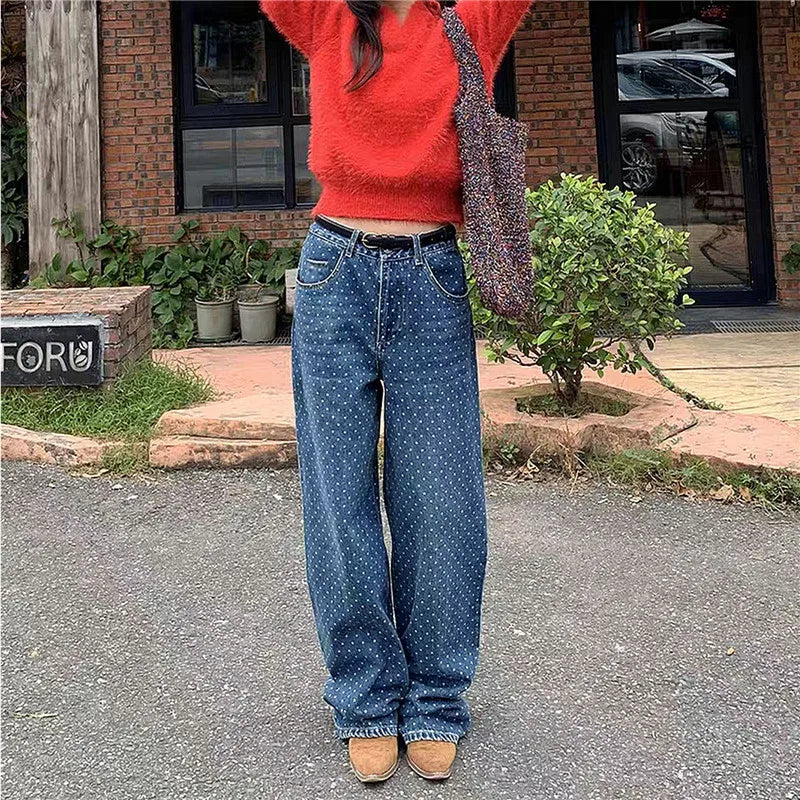 Y2K Polka Dot Jeans Women Vintage Stretch Wide Leg Denim Pants Casual Distressed Baggy Boyfriend Jeans with Pockets