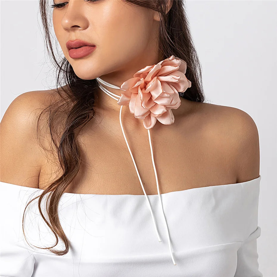 Exaggerated Romantic Big Rose Flower Clavicle Chain Necklace Women Kpop Adjustable Bowknot Rope Choker Jewelry Y2K Accessories