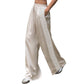 Women Satin Silk Lace Trim Pants Y2k High Street Elastic Waist Wide Leg Pj Lounge Boxer Bottoms Trendy Causal Trousers