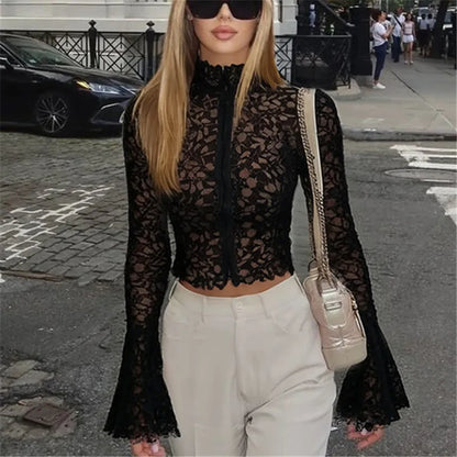 Women Y2K Sheer Lace Crop Top High Neck Floral Pattern Long Sleeve Flare Sleeve Zip Up See Through Casual Party Blouse
