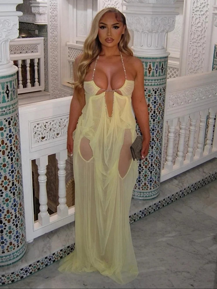 See Through Mesh Halterneck Ruched Maxi Dress Summer 2026 Woman Clothes Sexy Beach Dresses Vacation Outfits