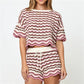 Women Boho Knit Striped Short Sleeve Eyelet Embroidered Hollowed Crop Top and Drawstring Micro Shorts 2 Pcs Matching Set