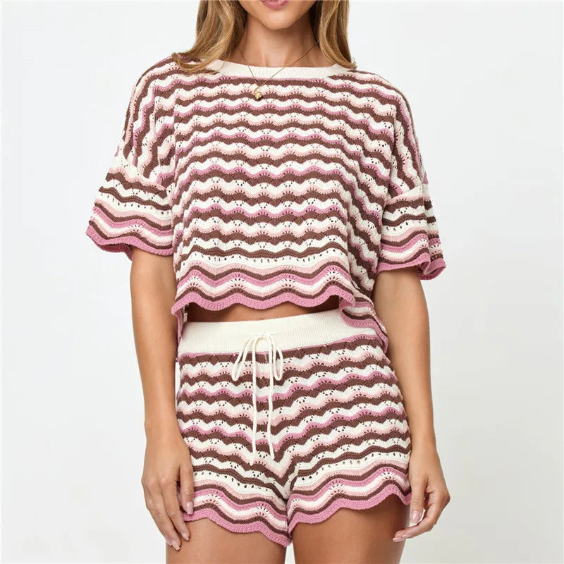 Women Boho Knit Striped Short Sleeve Eyelet Embroidered Hollowed Crop Top and Drawstring Micro Shorts 2 Pcs Matching Set