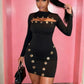 Hollow Hipster Slim Women Dress Metal Hole Y2K Sexy Full Sleeve Tight Fall Midnight Clubwear Party Stretch Mini Bodycon