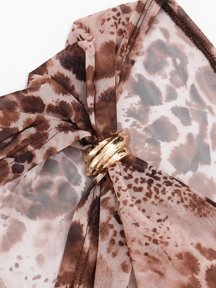 Leopard Print 2-Piece Set Women Skew Collar Metal Trim Irregular Hem t-Shirt+Folds Elastic Waist Skirt Summer Suit