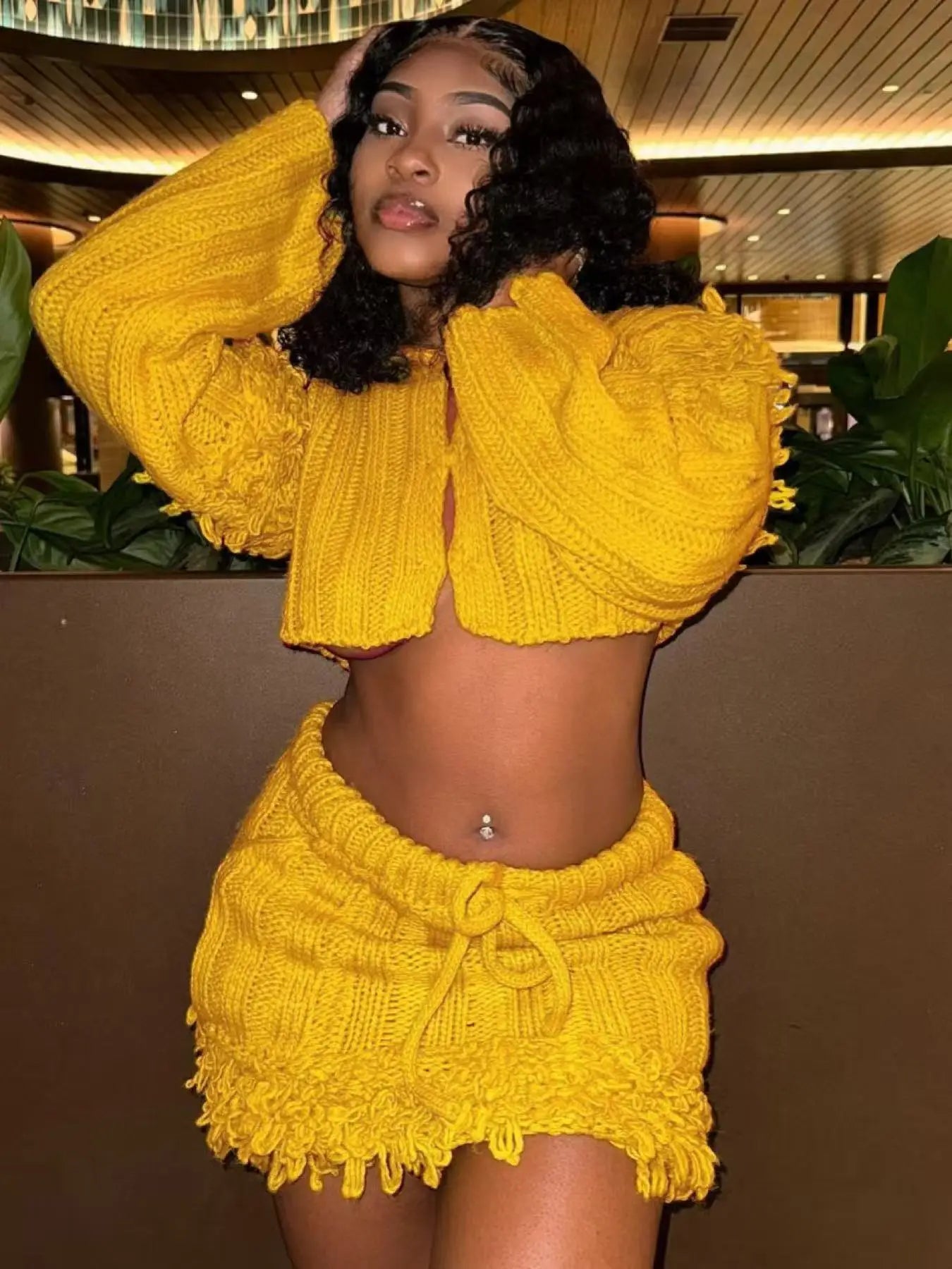 Sexy Knit Tassel 2-Piece Set Women Button Crop Cardigan+Drawstring Peach Hip Skirt Matching Stretch Skinny Outfits