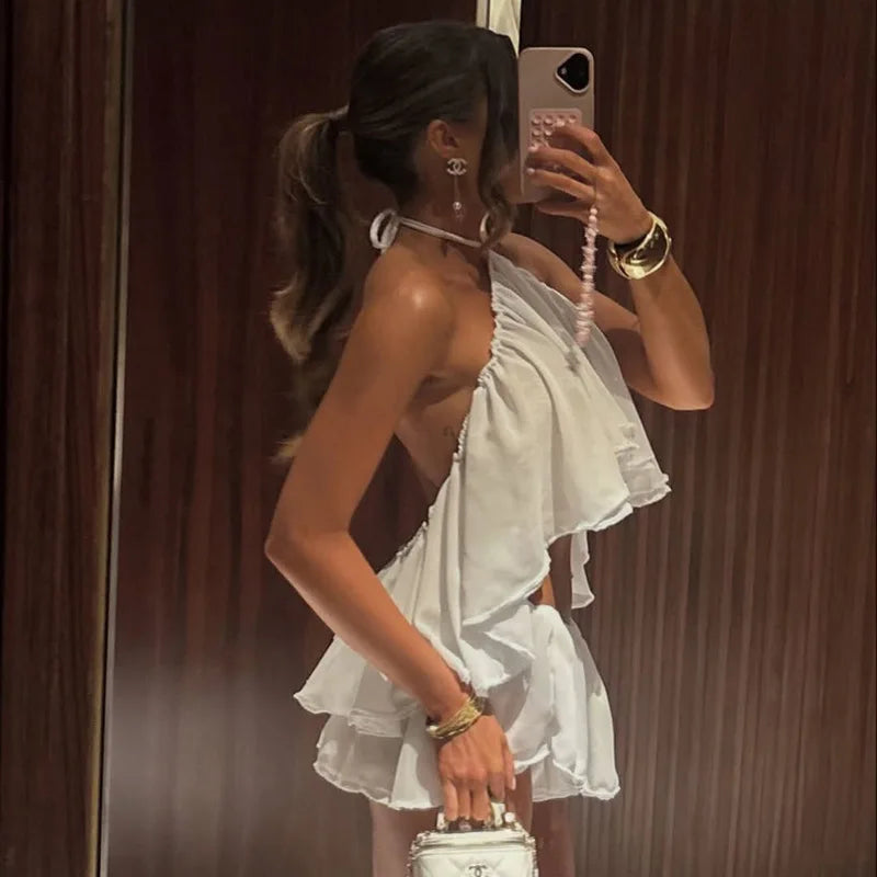 See Through Mesh 2 Piece Set Ruffled Halter Top and Shorts Sexy White Summer Vacation Beach Outfits Women