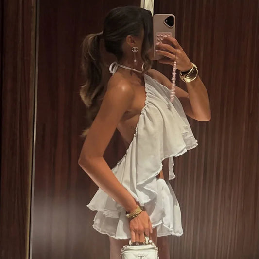 See Through Mesh 2 Piece Set Ruffled Halter Top and Shorts Sexy White Summer Vacation Beach Outfits Women