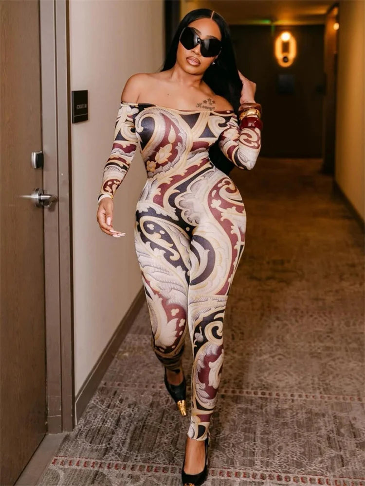 Slash Neck Jumpsuit Women Hipster Colorful Print Full Sleeve Stretch Skinny Fitness Activity Workout Slim Streetwear