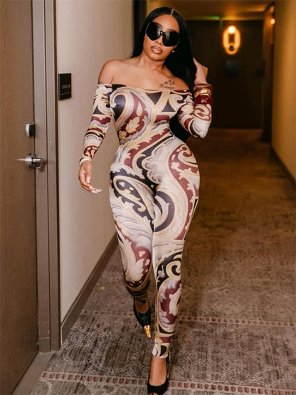 Slash Neck Jumpsuit Women Hipster Colorful Print Full Sleeve Stretch Skinny Fitness Activity Workout Slim Streetwear