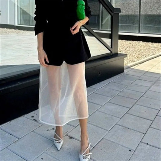 Women Minimalist Sheer Mesh Layering Midi Skirt Transparent See-Through Trimmed Hem Versatile Overlay Skirt CasualOffice