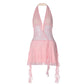 Y2k Fairycore See Through Lace Halter Mini Dresses White Pink Sexy Ruffled Open Back Dress Women Club Outfits