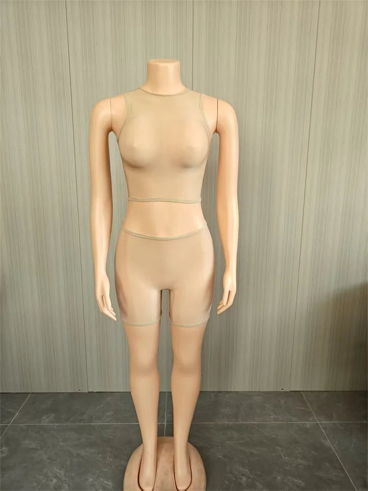 Sexy Midnight 2-Piece Set Women See Through o-Neck Vest+Simple Short High Elasticity Wild Summer Fashion Slim Suit