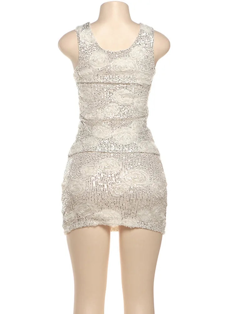 Sparkle Sexy Two Piece Set Women Elegant Square Collar Sleeveless Tank Top And Mini Skirt Matching Sets Club Dress Set