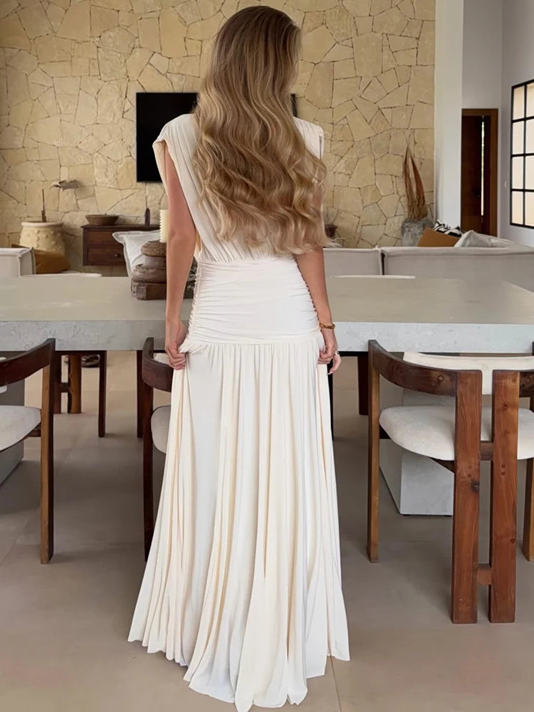 Elegant Deep V Neck Sexy Maxi Dress Women Fashion Sleeveless Draped Ruched Waist Bodycon Club Party Long Dresses Female