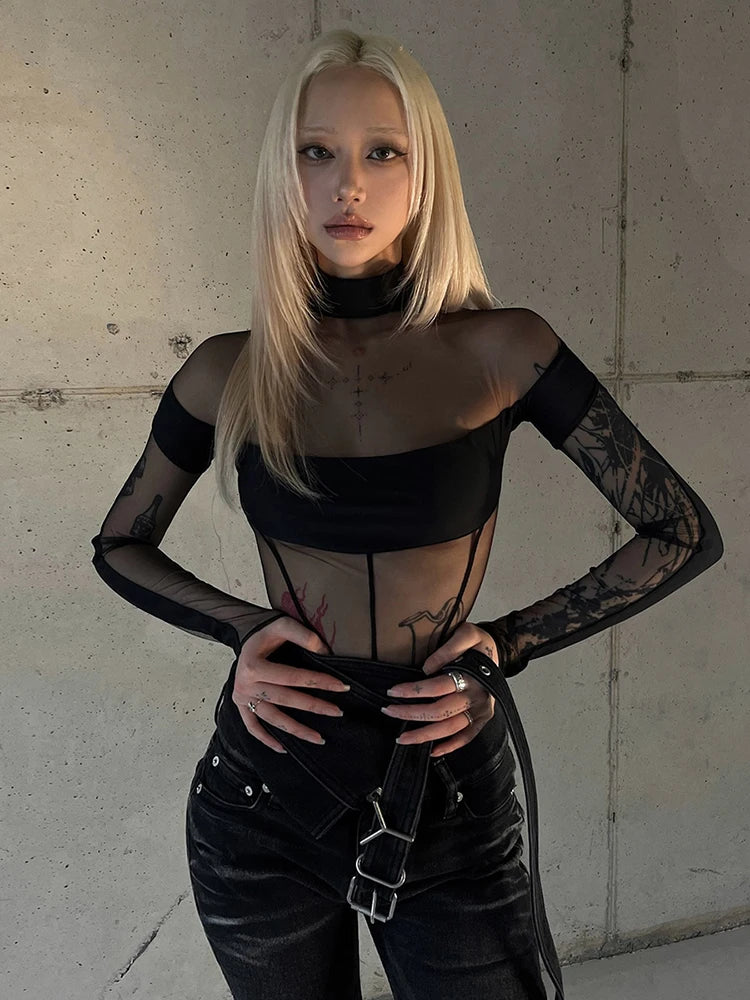 Patchwork Half Turtleneck Bodysuits Women See Through Fake Fishbone Decoration Sexy Party Street Fashion Midnight Outfit