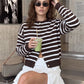 Womens Striped Knit Cardigan Round Neck Button Front Long Sleeve Loose Fit Casual Sweater Winter Fall Knit Outerwear