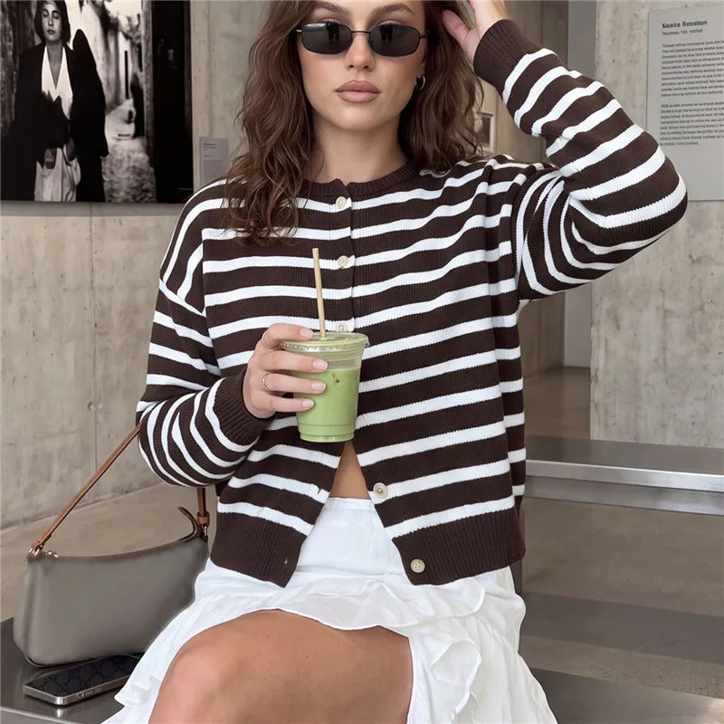 Womens Striped Knit Cardigan Round Neck Button Front Long Sleeve Loose Fit Casual Sweater Winter Fall Knit Outerwear