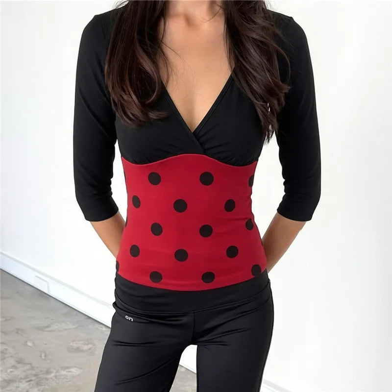 Women V Neck 3/4 Sleeve Crop Top Polka Dot Ladybug Print Color Block Slim Fit Halloween Cosplay Party Short Top