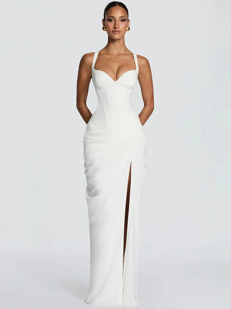 Women Sexy Maxi Dress Sleeveless Sweetheart Neck High Split Draped Ruched Long Party Dress Formal Wedding Guest Dress