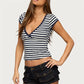 Y2K Hot Girl Multi Color Contrast Trim Striped Crop T Shirt Women Wrap Deep V Cap Sleeve Slim Fitted Cropped Street Top