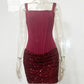 Sparkle Ruched Sexy Mini Dress Women Elegant Glitter Square Collar Sleeveless Backless High Waist Club Party Dresses