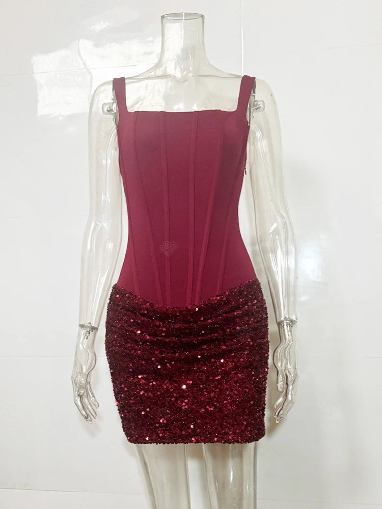 Sparkle Ruched Sexy Mini Dress Women Elegant Glitter Square Collar Sleeveless Backless High Waist Club Party Dresses