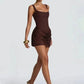 Backless Ruched Sexy Mini Dress Women Elegant Tapered Straps Square Collar Sleeveless High Waist Club Party Dress