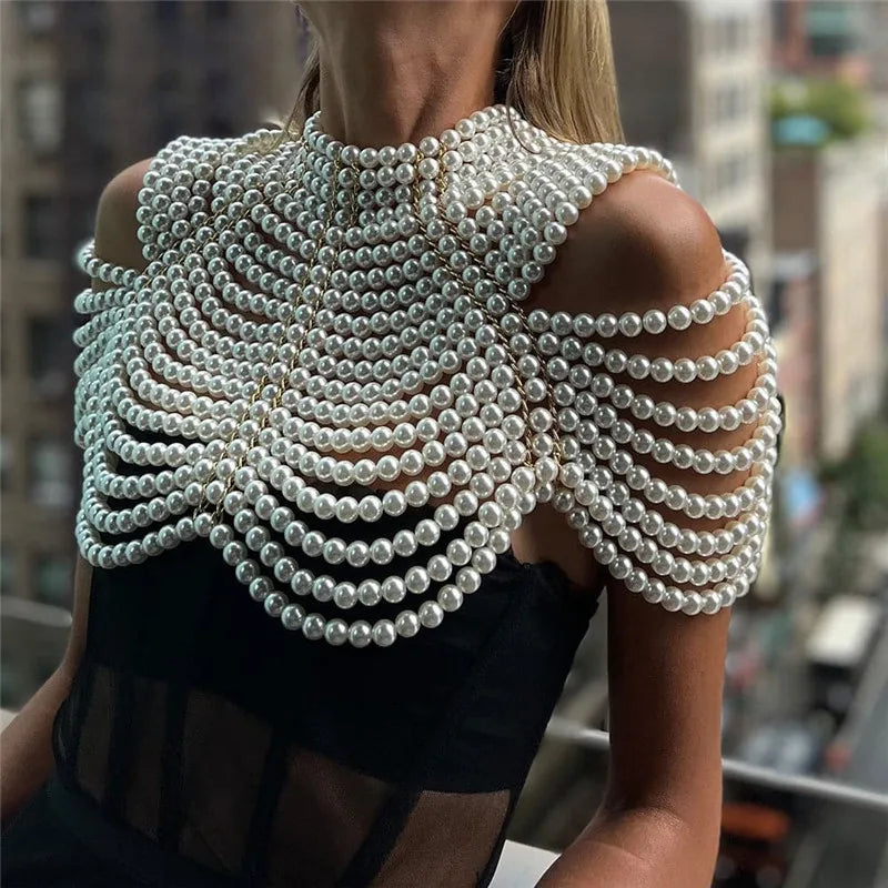 Women Handmade Multi Layer Pearl Beaded Shoulder Shawl Body Chain Necklace Elegant Wedding Party Jewelry Accessory