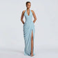 Halter Neck High Slit Ruched Maxi Dress Elegant for Woman Wedding Guest Party Dresses