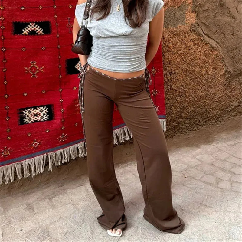 Women Y2K Low Rise Flared Trousers Side Waist Cutout Tie Up Slim Fit Stretchy Bootcut Pants Retro Street Daily Pants