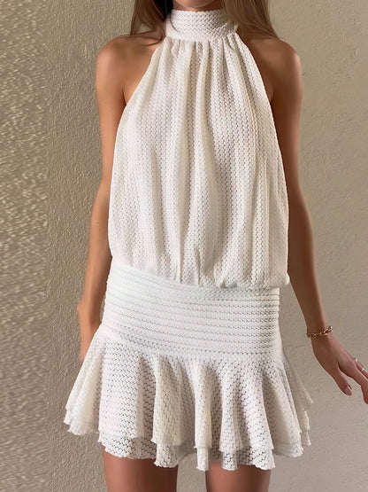 Women Elegant Mini Dress Summer Trend Lace-Up Halter Turtleneck Backless Tierred Design Birthday Party Style Bodycon